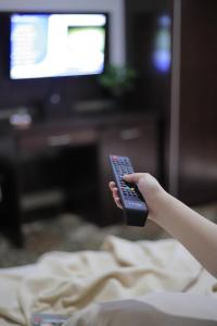 una persona que tenga un mando a distancia frente a una televisión en Al Yasmeen Hotel, en Nablus