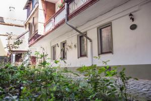 een wit gebouw met ramen en planten bij Seek and Hide - Csilla's Tiny Hideaway in Braşov