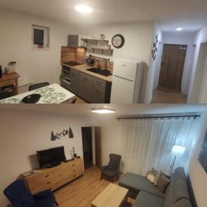 two pictures of a kitchen and a living room at Apartmán Na Kvetnej - vlastná záhrada, parkovanie in Poprad