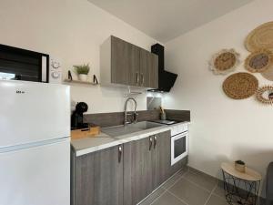 a kitchen with a sink and a refrigerator at Le Cocon familial de la gare in Sens