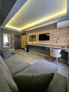 sala de estar con sofá y TV de pantalla plana en Hisarhan Otel en Amasya