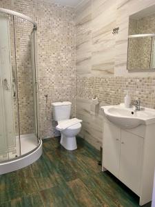 a bathroom with a toilet and a sink and a shower at InnTime in Cluj-Napoca