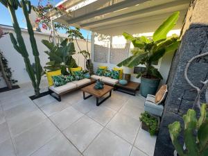un patio esterno con divani e piante in vaso di Un sueño a Playa Blanca
