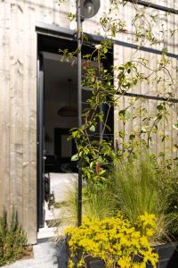 un jardin avec des fleurs jaunes devant un bâtiment dans l'établissement Chambre avec salle de bain et accès indépendant, à Nantes