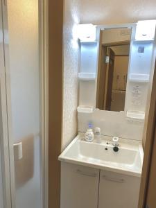 uma casa de banho com um lavatório e um espelho em 四ツ木駅徒歩2分リノベーション済み家具家電無料WiFi完備スカイツリー電車5分 em Tóquio