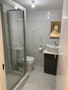 a bathroom with a shower and a toilet and a sink at Unit 76 Melville Mews in Johannesburg