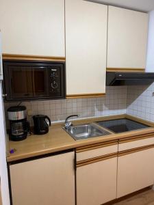Kjøkken eller kjøkkenkrok på Ferienwohnung Waldbaden im Haus Falkenberg