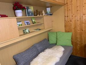 Habitación con sofá, almohadas verdes y estanterías. en Ferienwohnung Waldbaden im Haus Falkenberg, en Oberstdorf