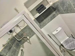 a white bathroom with a toilet and a shower at Diez Dregger Fully Furnished Apartments in Valencia +113 photos