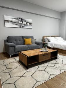 sala de estar con sofá y mesa de centro en JP Luxury Apartment in citycenter, en Xanthi