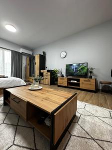 a living room with a couch and a tv at JP Luxury Apartment in citycenter in Xanthi
