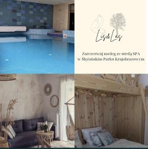 eine Collage aus zwei Bildern eines Zimmers mit Pool in der Unterkunft Apartament&SPA Lis&Las in Sobótka