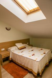 a bedroom with a large bed with a skylight at El Balcon de Roda in Roda de Isábena