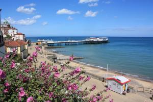 a beach with a pier and pink flowers at Repton Cottage in West Runton