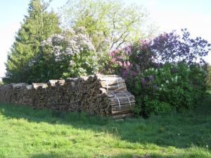 a stack of logs in a field next to some flowers at Ferienwohnung Bergschäferei in Liebenhof