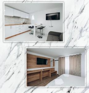 2 Aussicht auf eine Küche und ein Wohnzimmer mit weißem Marmor in der Unterkunft Apartmani Otašević in Kladovo