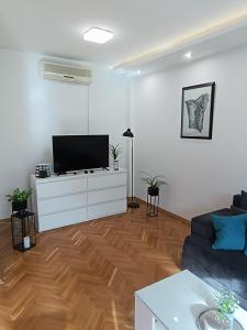 una sala de estar con sofá y TV en un armario en Korzo Apartment, Subotica, en Subotica