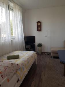 una camera da letto con un letto e un orologio a parete di Csillagmajor a Csabrendek