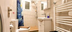 a small bathroom with a toilet and a shower at Apollo 3 - Luxury Apartment (City Center Studio) in Katerini +23 photos