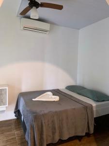 1 dormitorio con 1 cama y ventilador de techo en Pousada Max House entre Praias de SFS en São Francisco do Sul