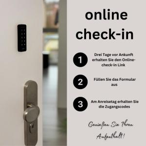 un letrero que lee el registro en línea con una manija de la puerta en Home Inn Apartments - 101 en Bielefeld