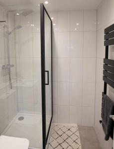 a shower with a glass door in a bathroom at Dorset Stylish Apartment in Poole