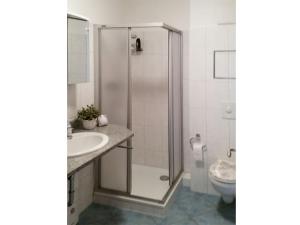 een badkamer met een douche, een wastafel en een toilet bij Achtern Diek Whg 22 in Boltenhagen