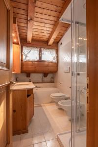 La salle de bains est pourvue de 2 toilettes et d'une douche. dans l'établissement Mansarda Belvedere - panoramica e wellness, à San Vito di Cadore