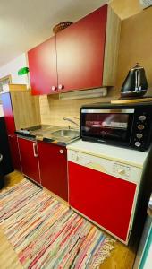 a small kitchen with a microwave and a sink at Ferienwohnung Amethyst in Burgberg +29 photos