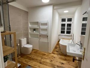 a bathroom with a toilet and a tub and a sink at 170m2 apartment in Historical building in Gutenzell-Hürbel
