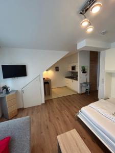 um quarto amplo com uma cama e uma televisão em Hotel Garten em Bonn