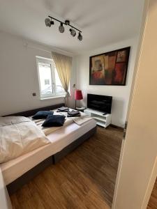 een slaapkamer met een bed en een flatscreen-tv bij Luxury Apartment near Munich Airport - Therme ED - Parking in Berglern