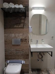 uma casa de banho com um WC, um lavatório e um espelho. em Elizabeth Queen Luxury Rooms em Paralia Katerinis