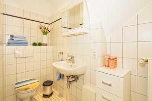 une petite salle de bain avec un lavabo et des toilettes dans l'établissement Tarnowskis Remise Villa Seeblick, nur 50m zum Strand, WLAN, à Neuhof
