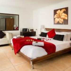 een slaapkamer met een groot bed met rode kussens bij Buckleigh Guesthouse in Durban