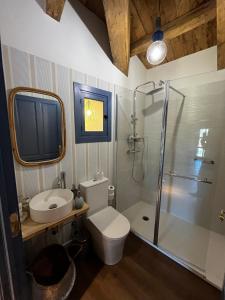 La salle de bains est pourvue de toilettes, d'un lavabo et d'une douche. dans l'établissement CASAS DA FORTALEZA Casa da Torre, à Outeiro de Rei