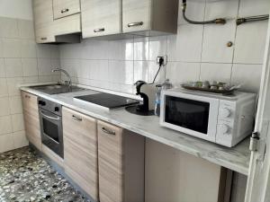 uma cozinha com um micro-ondas e um fogão em casa gio em Novi Ligure