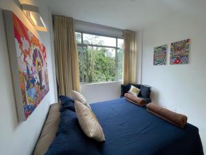 a bedroom with a blue bed with pillows and a window at STUDIO12 in Petrópolis
