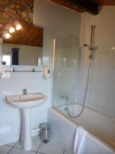 y baño blanco con lavabo y ducha. en Les Chambres De Solgne, en Solgne