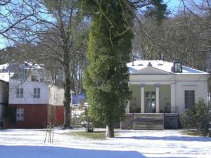 une maison blanche avec un arbre dans la neige dans l'établissement Tarnowskis Villa Seeblick, nur 50m zum Strand, WLAN inkl, à Neuhof