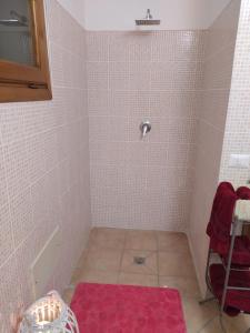 een kleine badkamer met een roze tapijt op de vloer bij Casa a Silius R5130 in Silìus