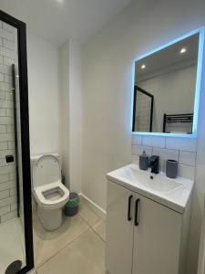 a bathroom with a toilet and a sink and a mirror at Manchester City luxury hideaway in Urmston