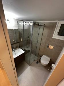 a bathroom with a shower and a toilet and a sink at Samanthas LUXURY APARTMENT in Haraki