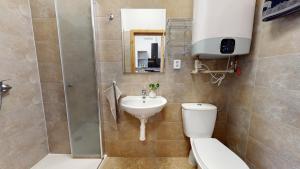 a bathroom with a toilet and a sink and a shower at Apartmán Esser 5 in Milovice