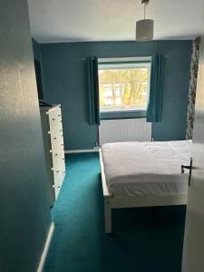 Dormitorio azul con cama y ventana en Double room to rent 2 en Birmingham