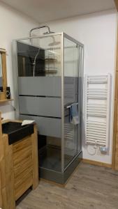 La salle de bains est pourvue d'une douche en verre et d'un lavabo. dans l'établissement Appartement coeur de station Valfrejus 6 pers, à Modane