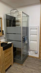 a glass shower in a bathroom with a sink at Appartement coeur de station Valfrejus 6 pers in Modane +12 photos