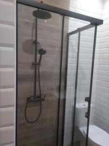 um chuveiro na casa de banho com WC em Casa rústica O NOSO VAL em Mondariz
