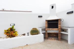 a living room with a fireplace and a cactus at EK Abades El Caleton in Abades