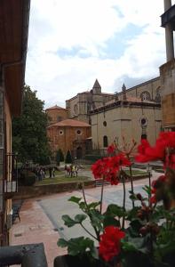 a view of a building with red flowers in the foreground at Alojamiento Oviedo 1 in Oviedo